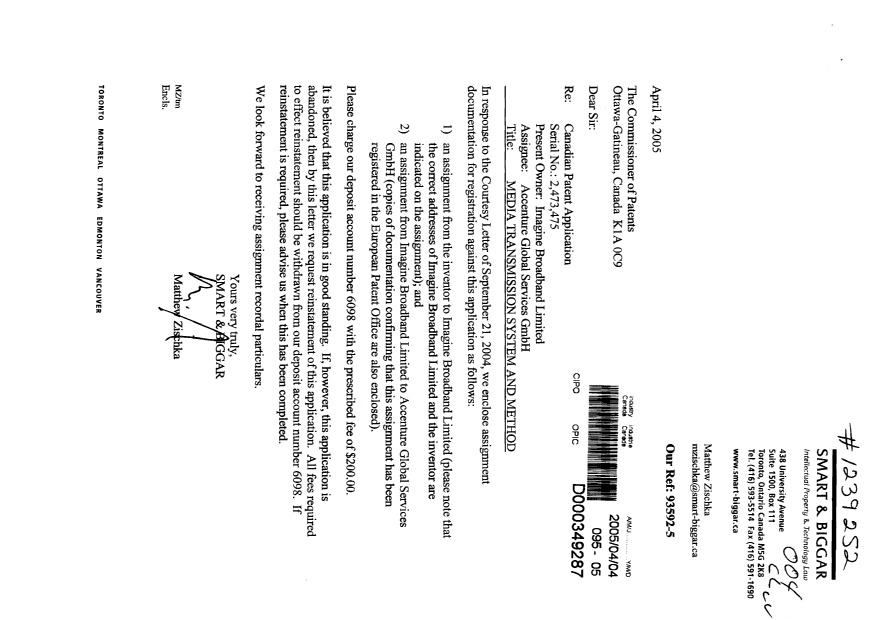 Document de brevet canadien 2473475. Cession 20050404. Image 1 de 8