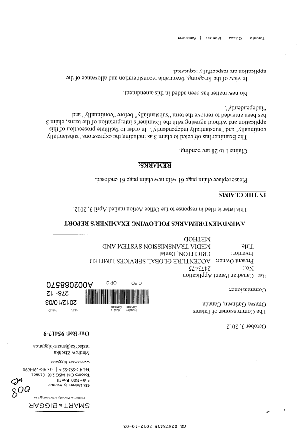 Canadian Patent Document 2473475. Prosecution-Amendment 20121003. Image 1 of 3