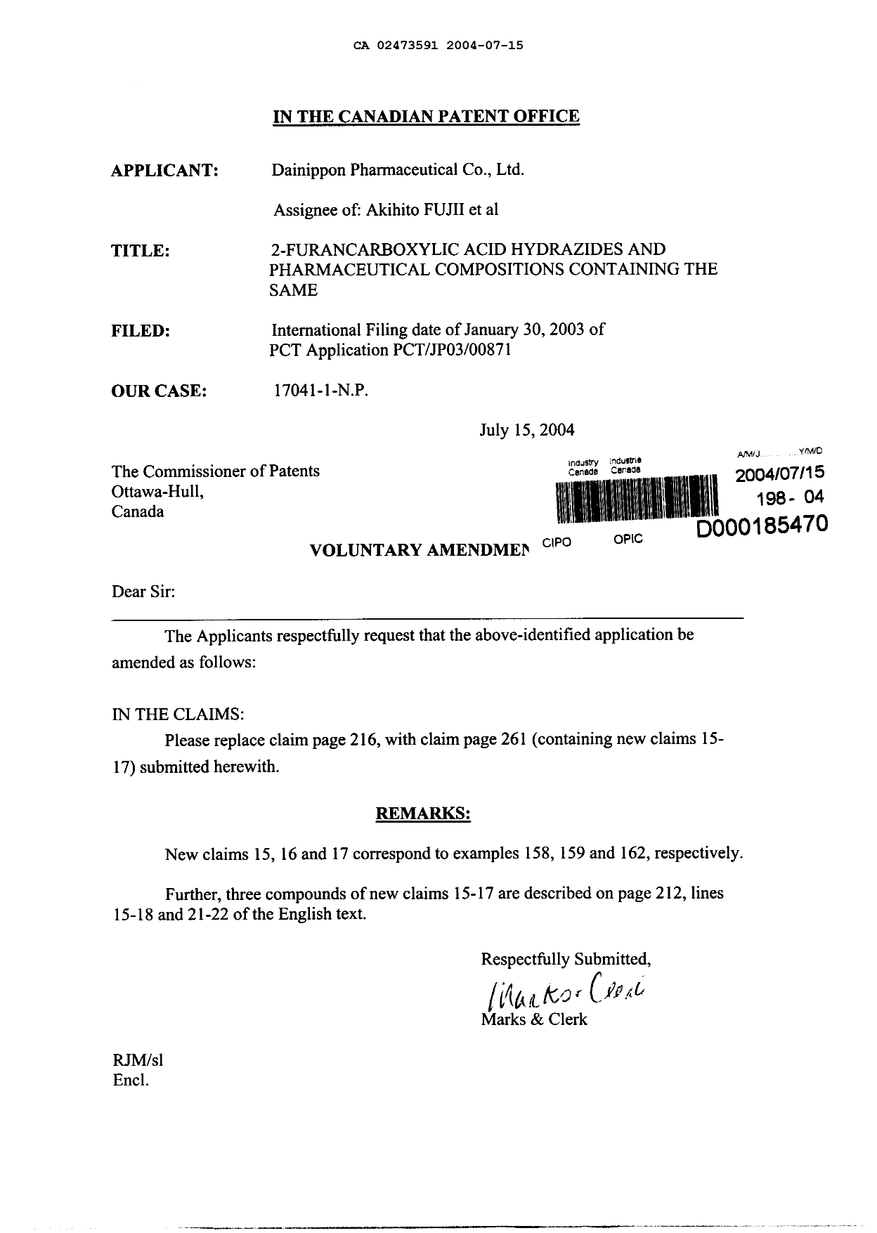 Document de brevet canadien 2473591. Poursuite-Amendment 20040715. Image 1 de 2