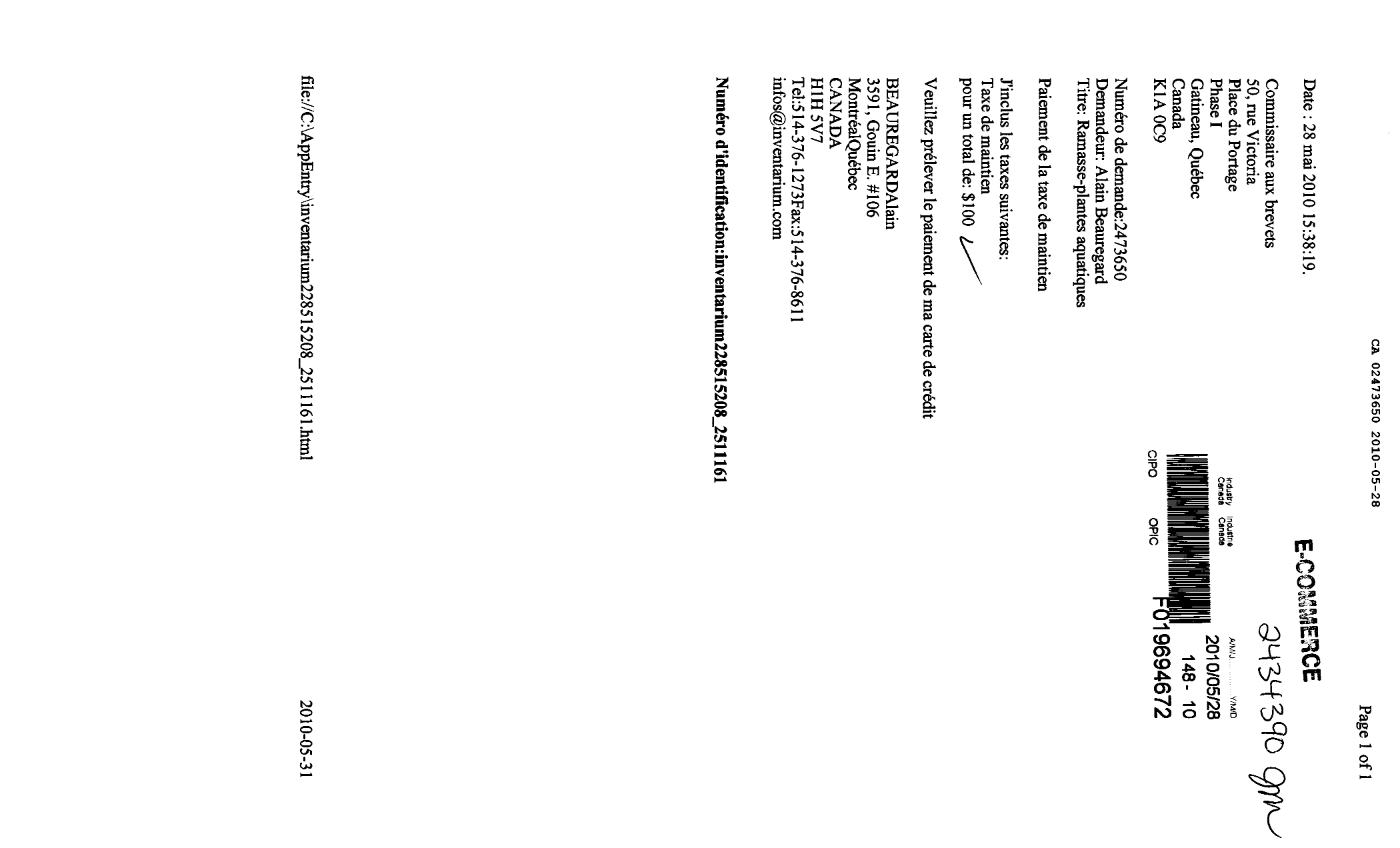 Document de brevet canadien 2473650. Taxes 20091228. Image 1 de 1