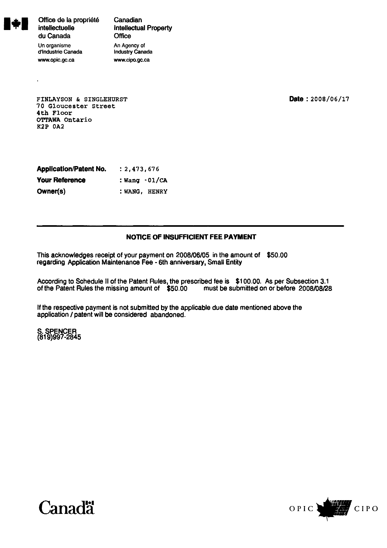 Document de brevet canadien 2473676. Correspondance 20080617. Image 1 de 1
