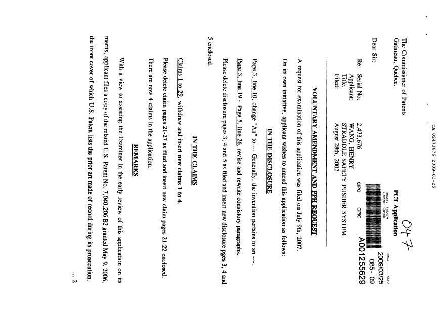 Canadian Patent Document 2473676. Prosecution-Amendment 20090325. Image 1 of 9