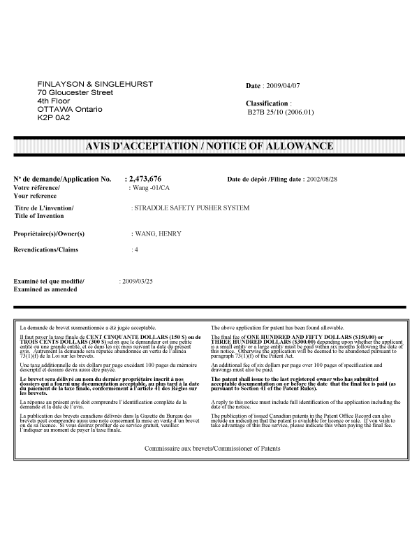 Document de brevet canadien 2473676. Correspondance 20090512. Image 1 de 1