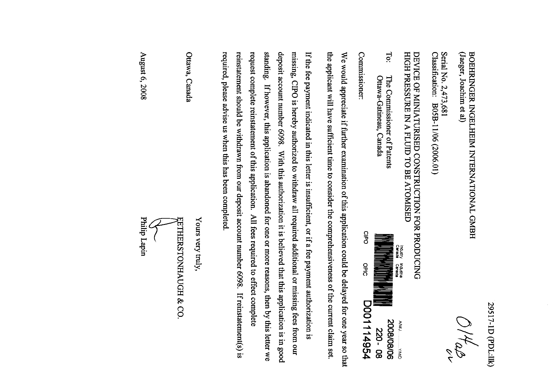Canadian Patent Document 2473681. Correspondence 20080806. Image 1 of 1