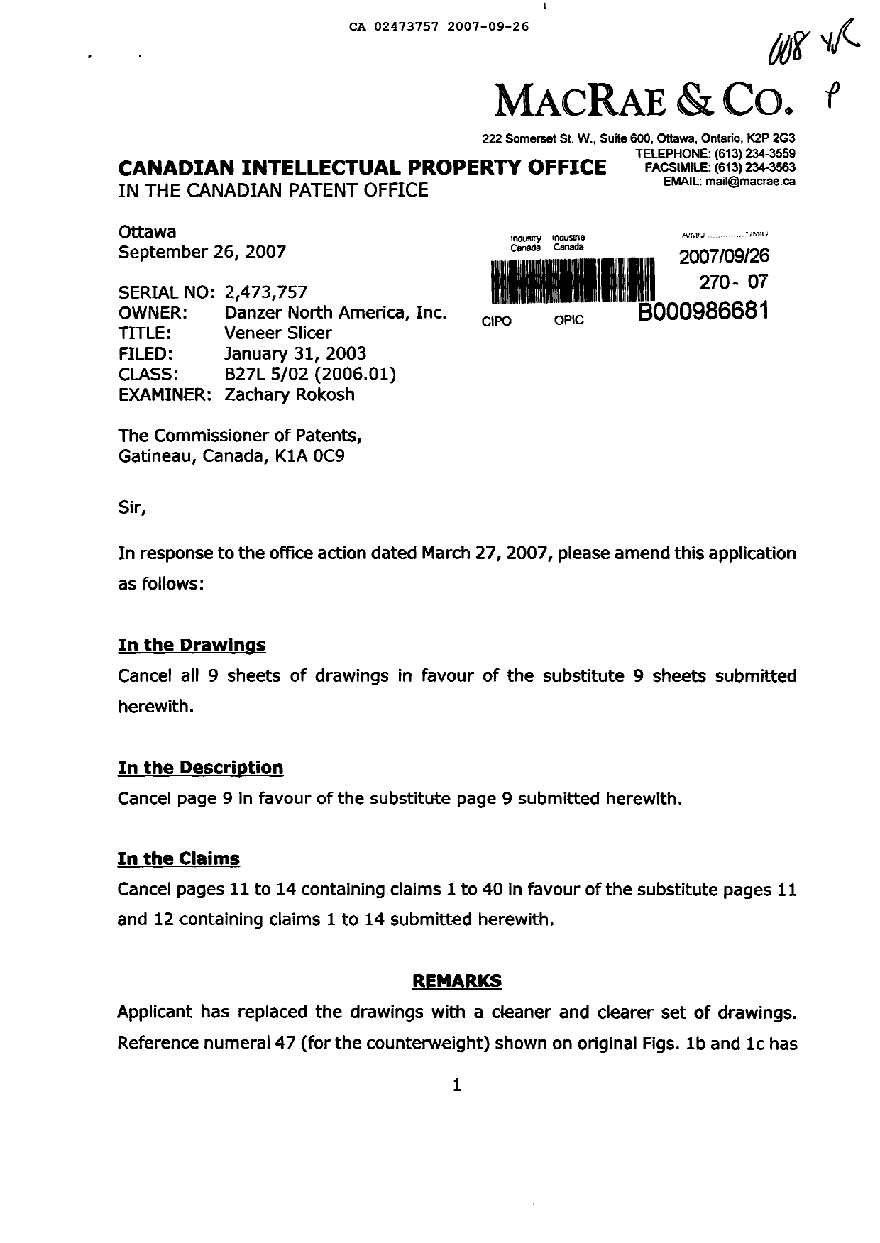 Canadian Patent Document 2473757. Prosecution-Amendment 20070926. Image 1 of 16