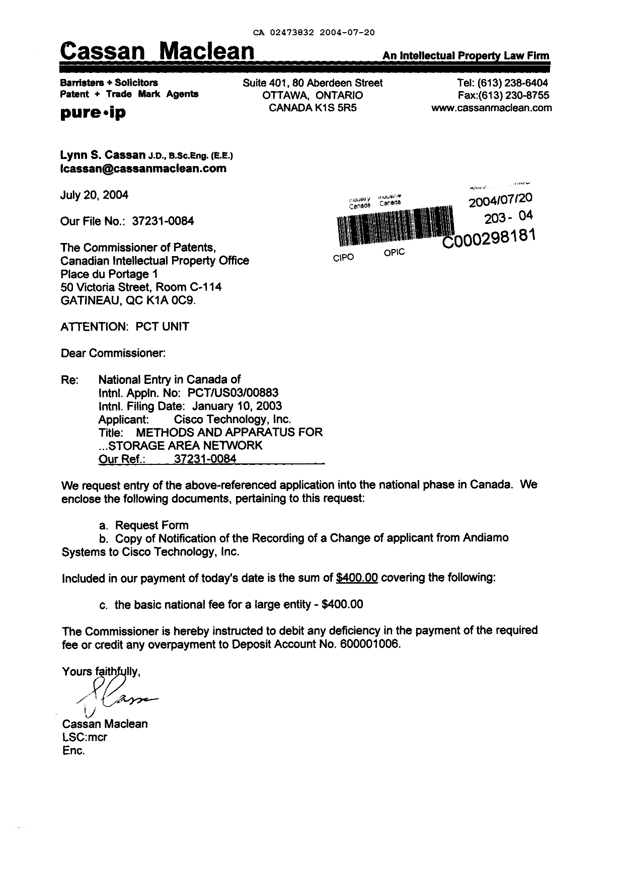 Document de brevet canadien 2473832. Cession 20040720. Image 1 de 3