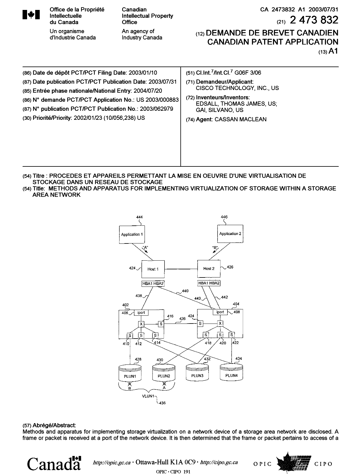 Document de brevet canadien 2473832. Page couverture 20040924. Image 1 de 2