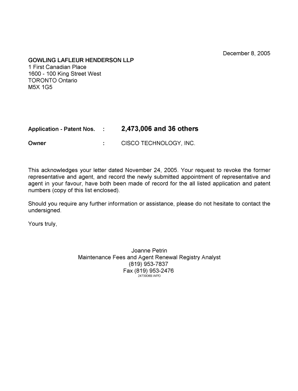 Document de brevet canadien 2473832. Correspondance 20051208. Image 1 de 1