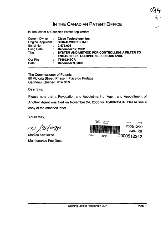 Document de brevet canadien 2473832. Correspondance 20051209. Image 1 de 5