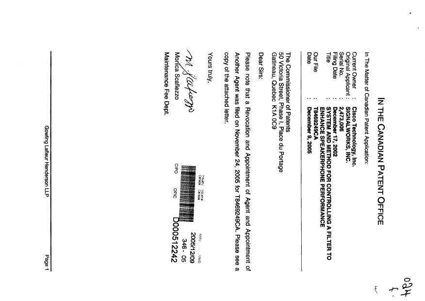 Canadian Patent Document 2473832. Correspondence 20051209. Image 1 of 5