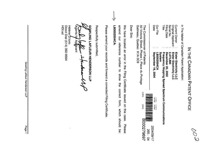 Document de brevet canadien 2473880. Correspondance 20040917. Image 1 de 1