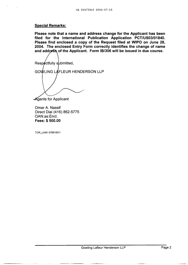 Document de brevet canadien 2473910. Cession 20040715. Image 2 de 4