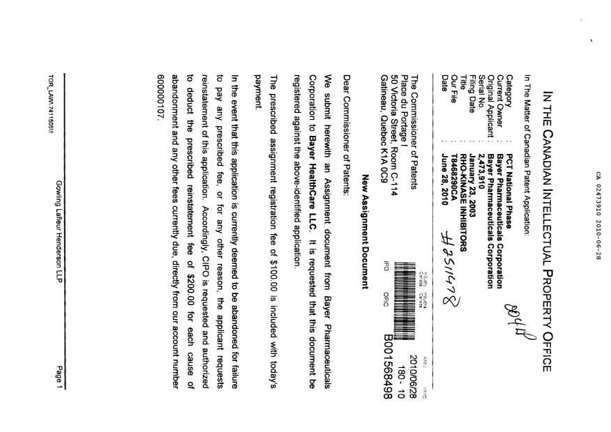 Document de brevet canadien 2473910. Cession 20100628. Image 1 de 4