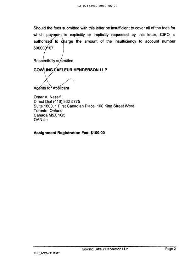 Document de brevet canadien 2473910. Cession 20100628. Image 2 de 4