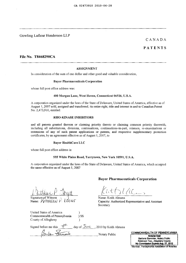 Canadian Patent Document 2473910. Assignment 20100628. Image 3 of 4