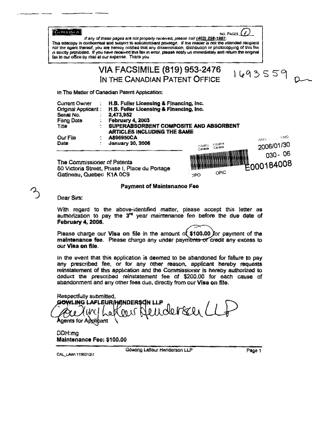 Document de brevet canadien 2473952. Taxes 20060130. Image 1 de 1