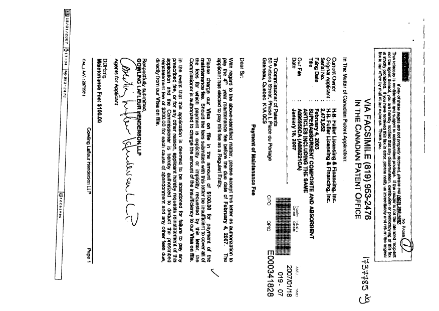 Document de brevet canadien 2473952. Taxes 20070118. Image 1 de 1