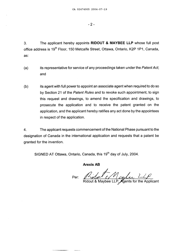 Document de brevet canadien 2474005. Cession 20040719. Image 4 de 4