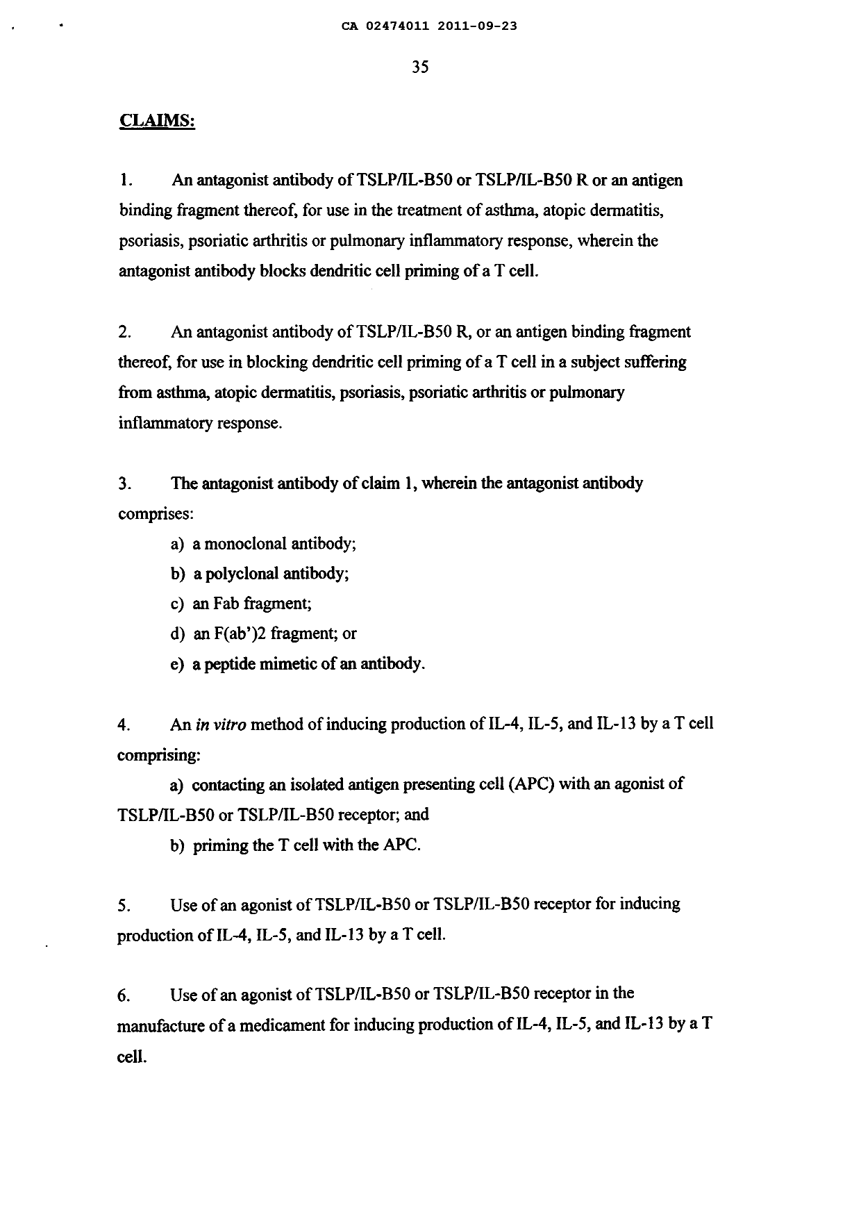 Document de brevet canadien 2474011. Revendications 20110923. Image 1 de 2