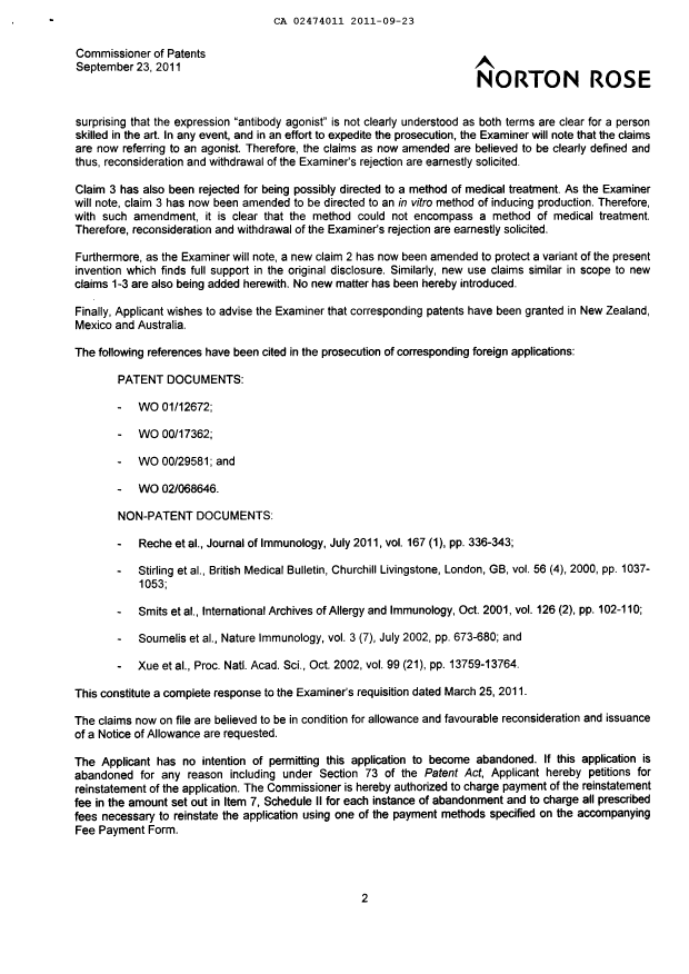 Document de brevet canadien 2474011. Poursuite-Amendment 20110923. Image 2 de 5