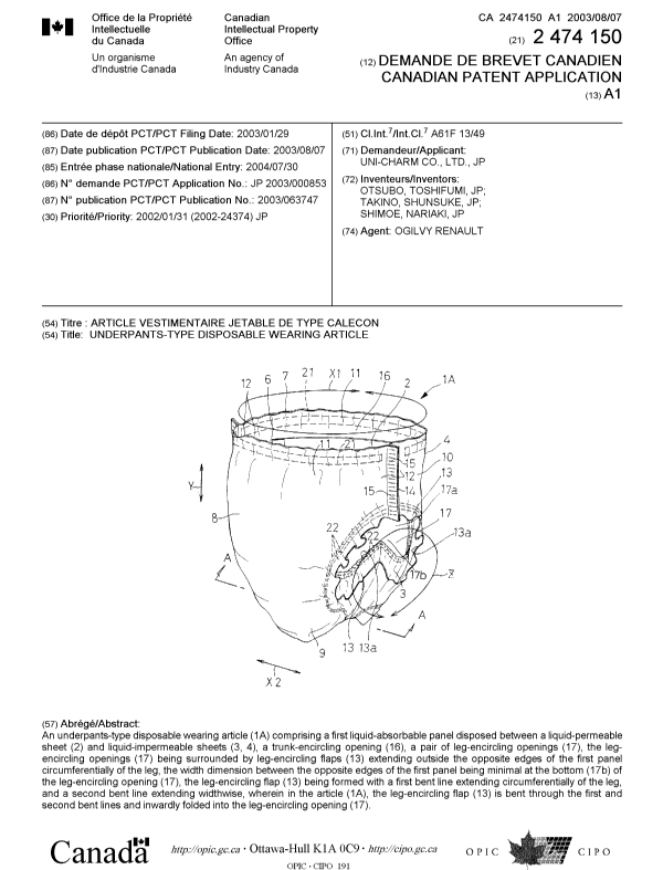 Document de brevet canadien 2474150. Page couverture 20041004. Image 1 de 1