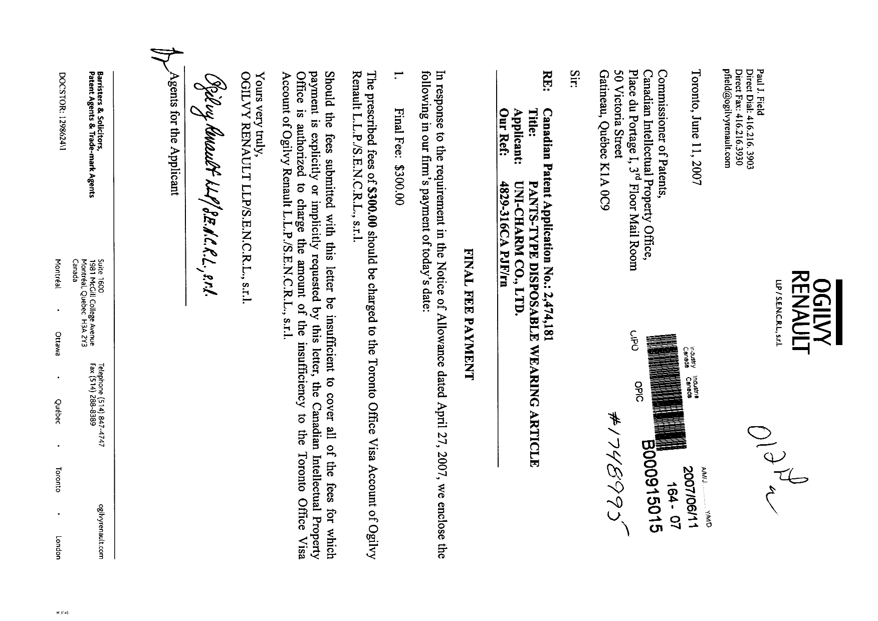 Canadian Patent Document 2474181. Correspondence 20070611. Image 1 of 1