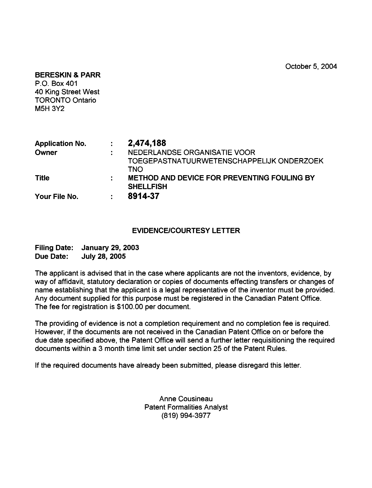 Document de brevet canadien 2474188. Correspondance 20040928. Image 1 de 1