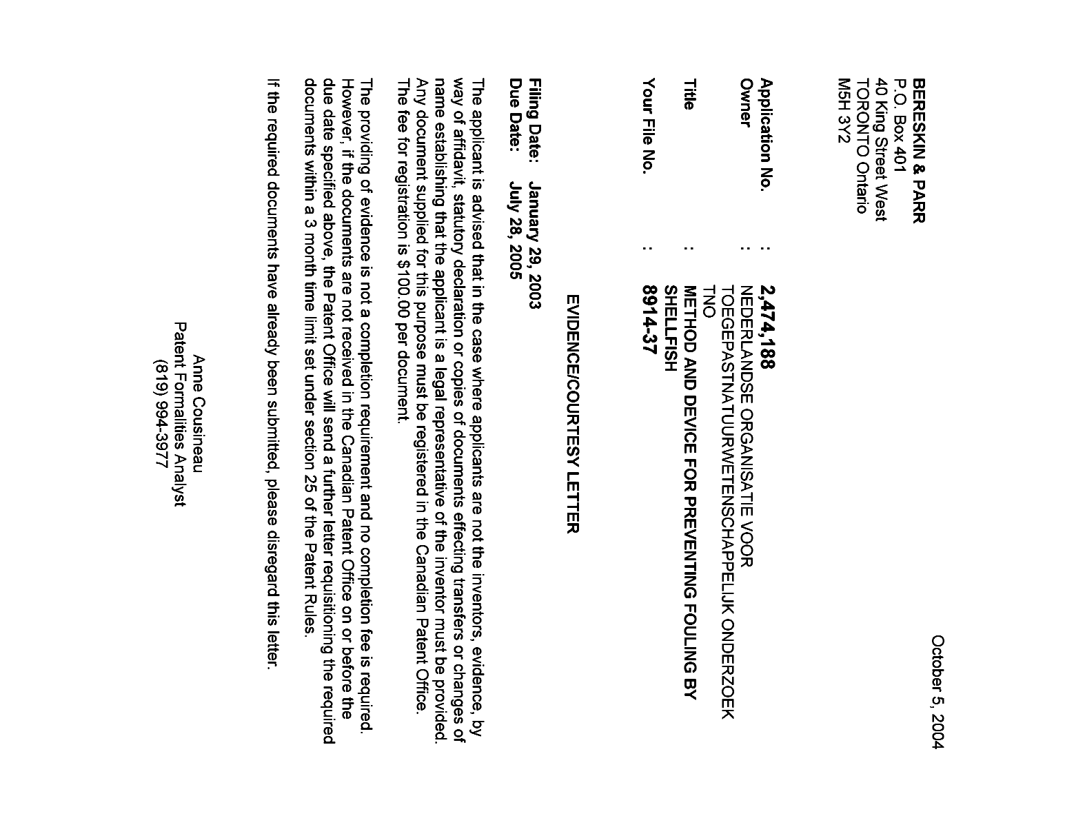 Canadian Patent Document 2474188. Correspondence 20040928. Image 1 of 1
