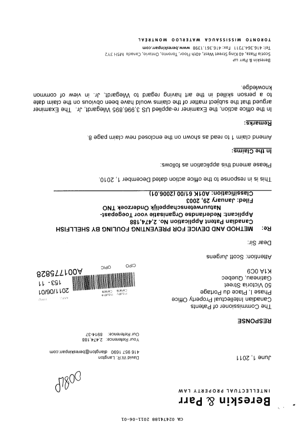 Canadian Patent Document 2474188. Prosecution-Amendment 20110601. Image 1 of 3