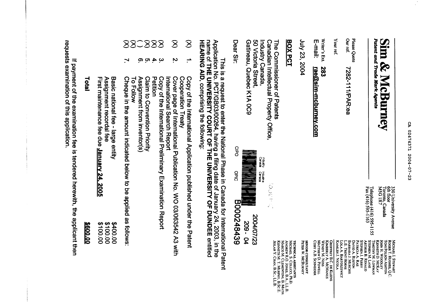 Document de brevet canadien 2474371. Cession 20040723. Image 1 de 3