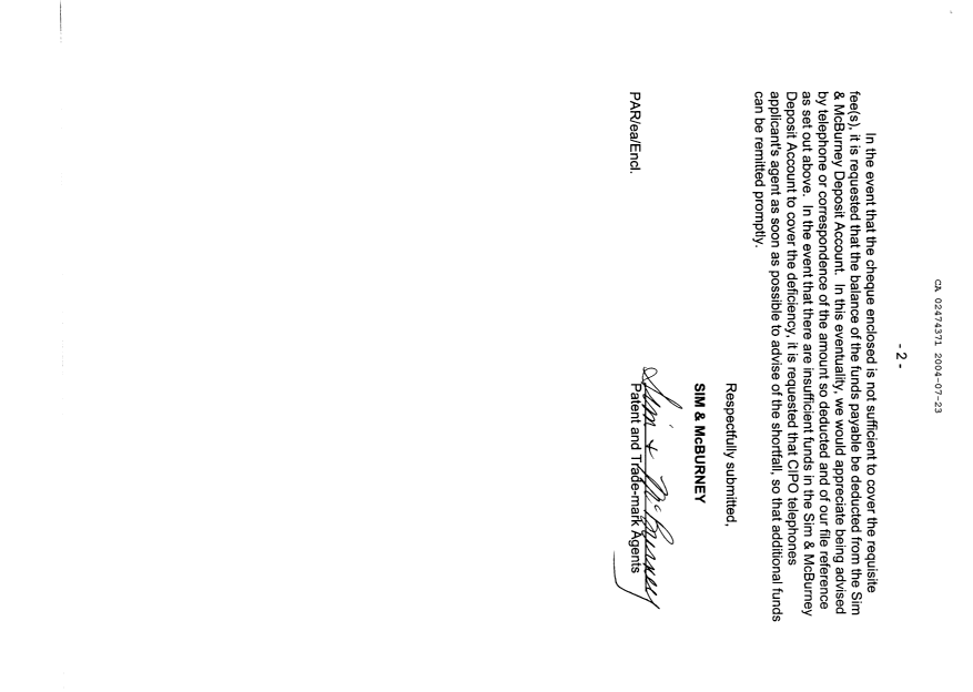 Document de brevet canadien 2474371. Cession 20040723. Image 2 de 3