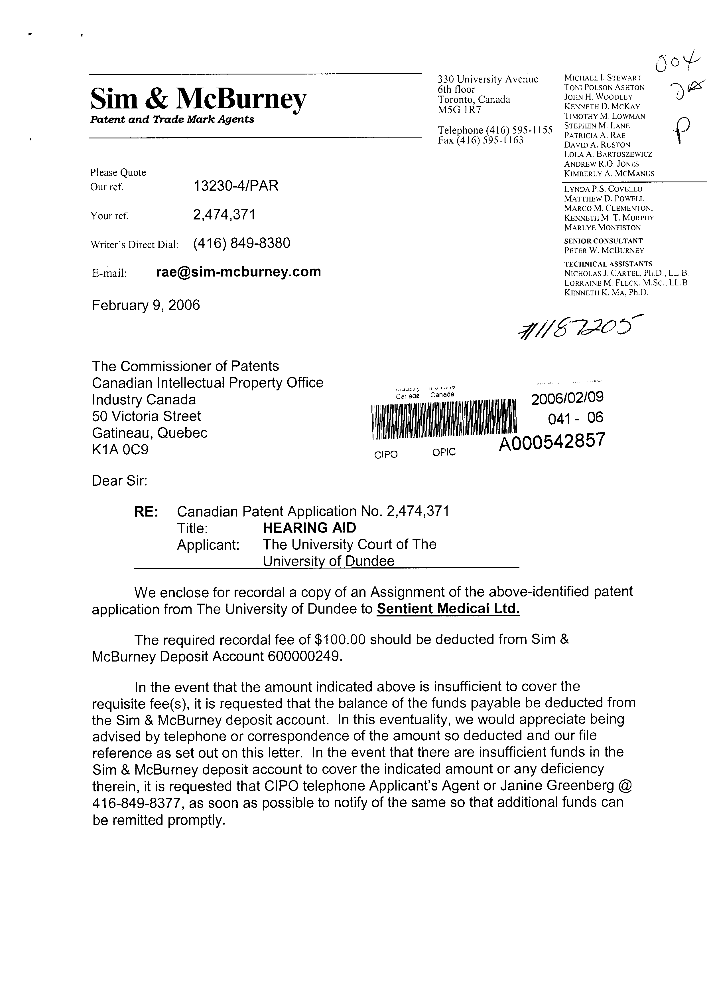 Canadian Patent Document 2474371. Assignment 20060209. Image 1 of 17
