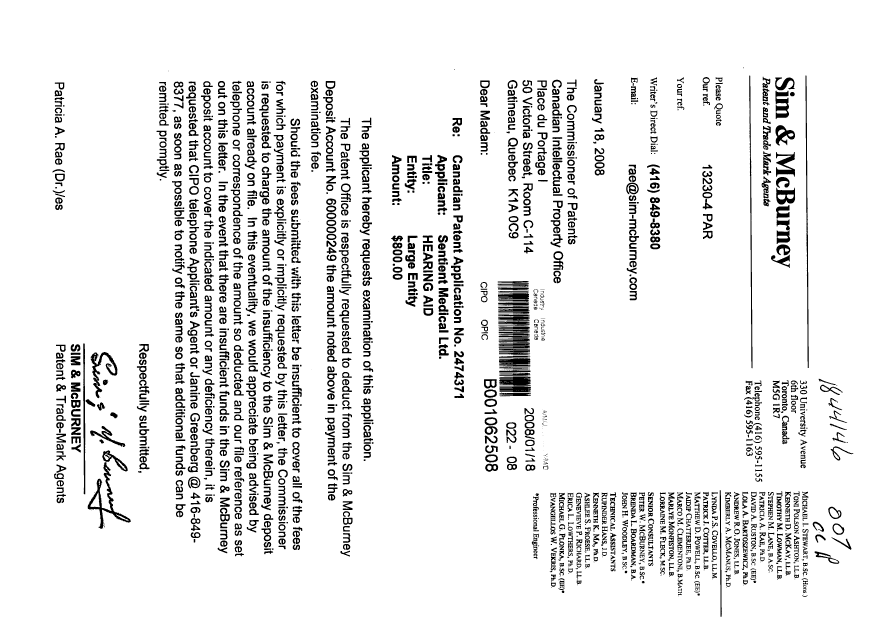 Document de brevet canadien 2474371. Poursuite-Amendment 20080118. Image 1 de 1