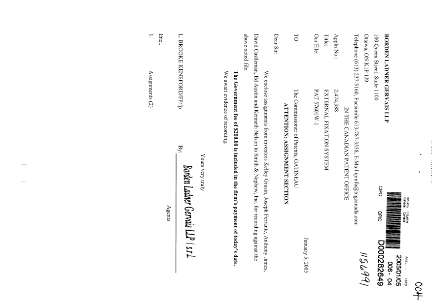 Document de brevet canadien 2474388. Cession 20050105. Image 1 de 8