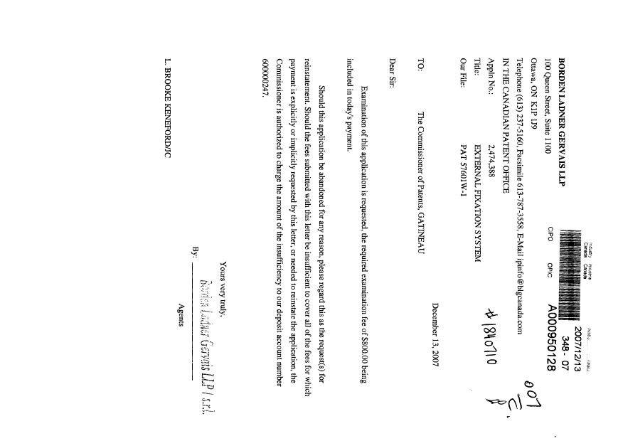Document de brevet canadien 2474388. Poursuite-Amendment 20071213. Image 1 de 1