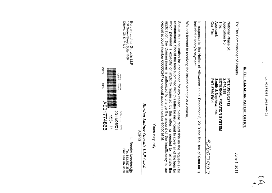 Document de brevet canadien 2474388. Correspondance 20110601. Image 1 de 1