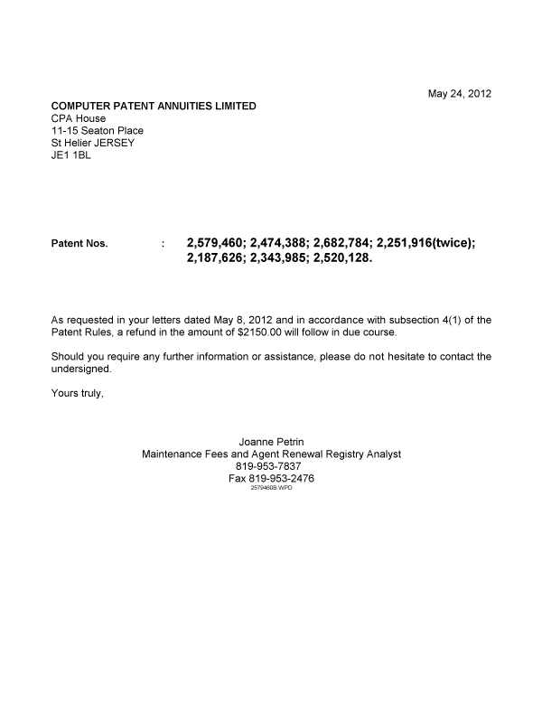 Canadian Patent Document 2474388. Correspondence 20120524. Image 1 of 1