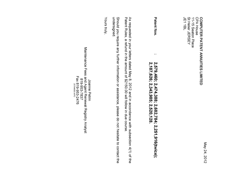 Document de brevet canadien 2474388. Correspondance 20120524. Image 1 de 1