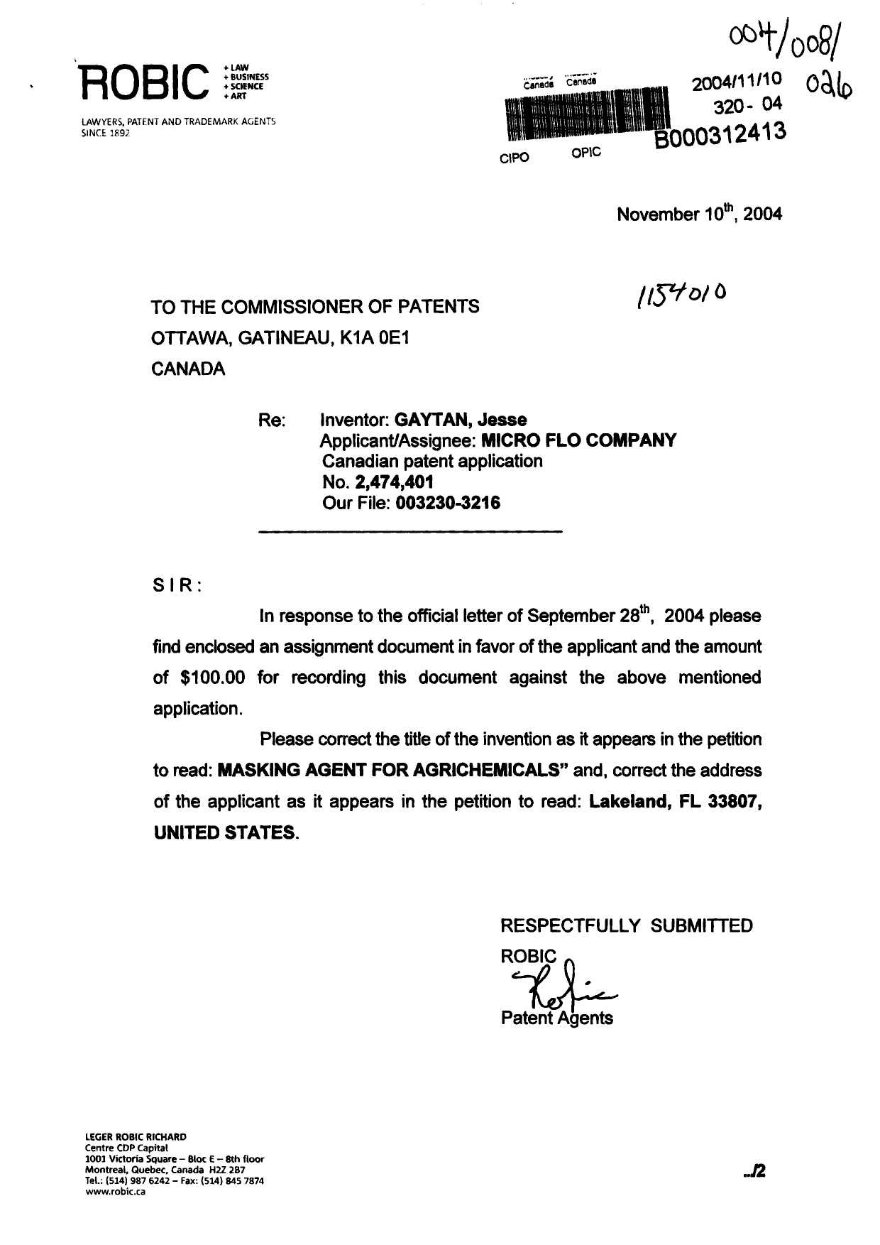 Document de brevet canadien 2474401. Correspondance 20041110. Image 1 de 2