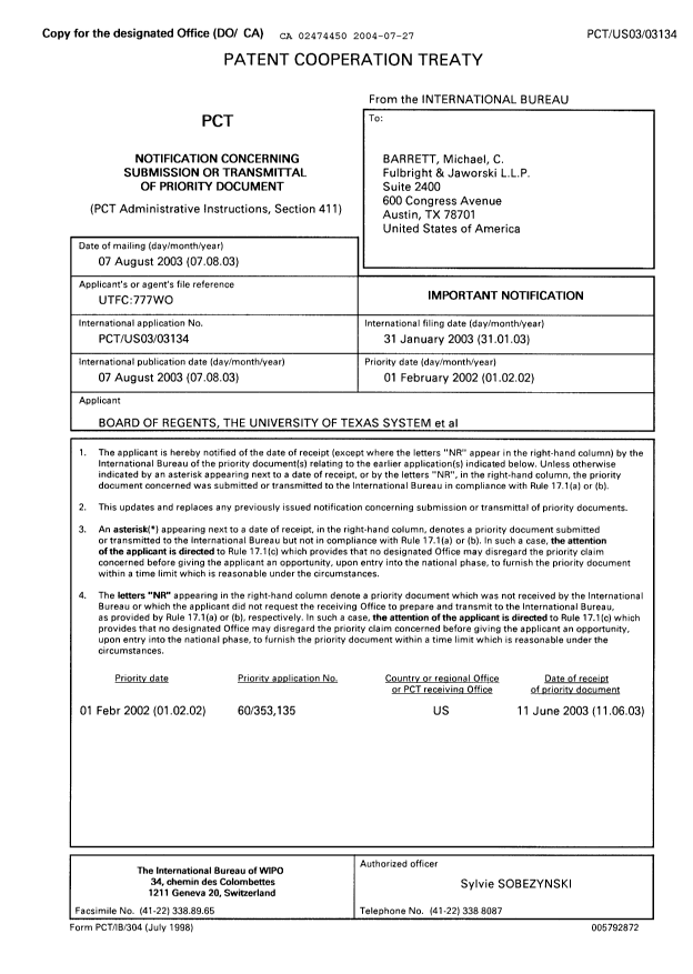 Document de brevet canadien 2474450. PCT 20040727. Image 2 de 6