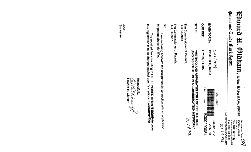 Document de brevet canadien 2474498. Cession 20041012. Image 1 de 7