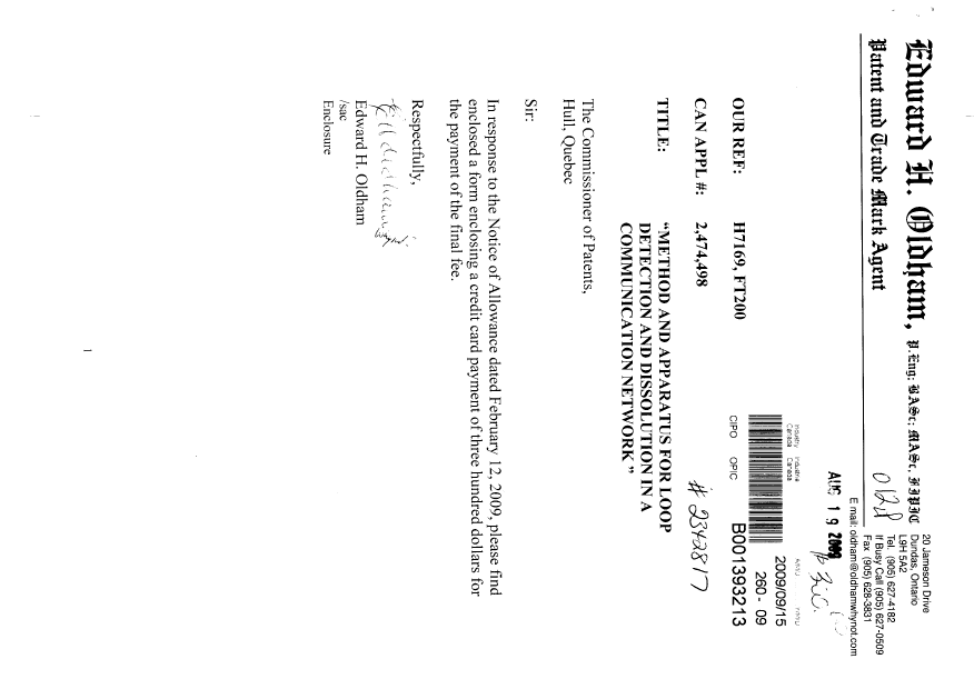Document de brevet canadien 2474498. Correspondance 20090915. Image 1 de 1