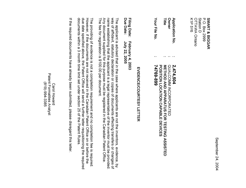 Document de brevet canadien 2474504. Correspondance 20040924. Image 1 de 1