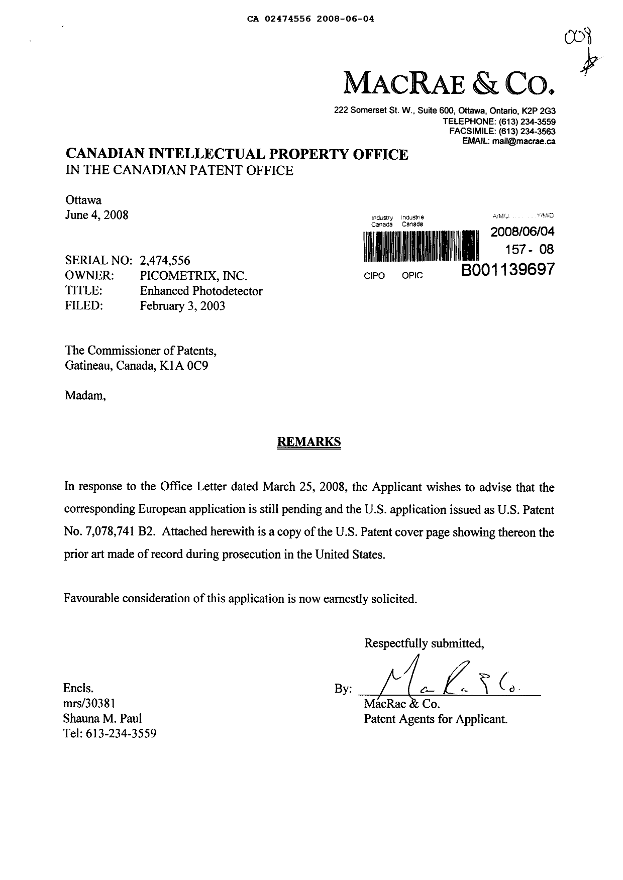 Document de brevet canadien 2474556. Poursuite-Amendment 20080604. Image 1 de 1