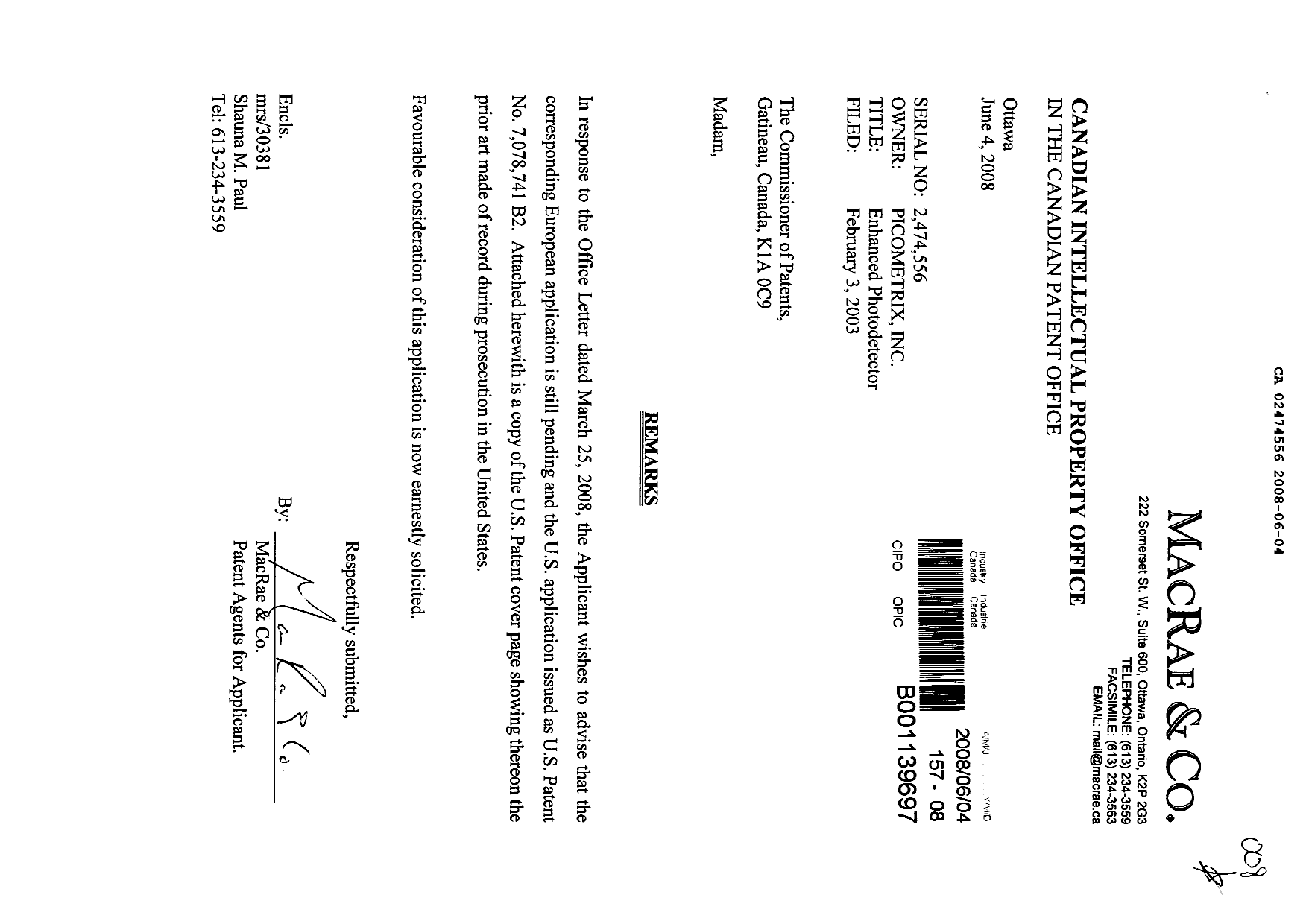 Canadian Patent Document 2474556. Prosecution-Amendment 20080604. Image 1 of 1