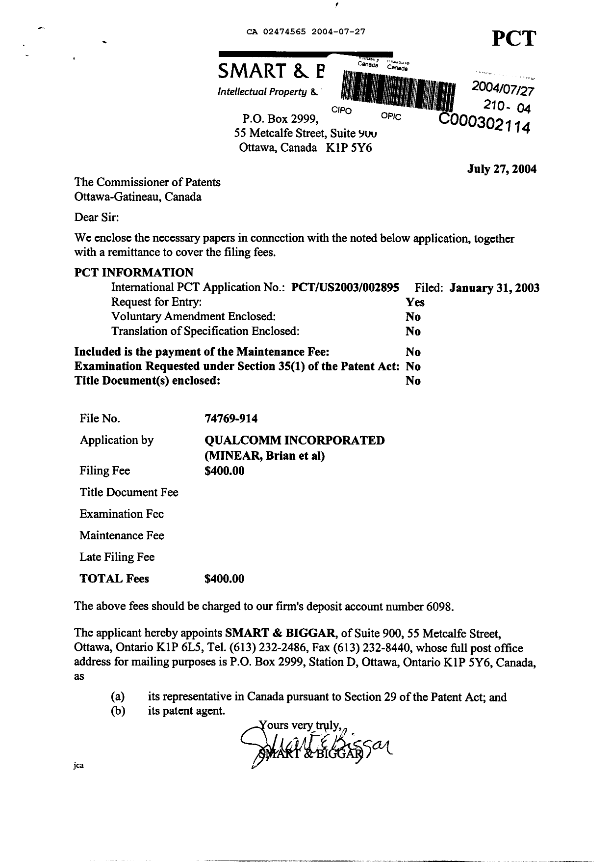 Document de brevet canadien 2474565. Cession 20040727. Image 1 de 2