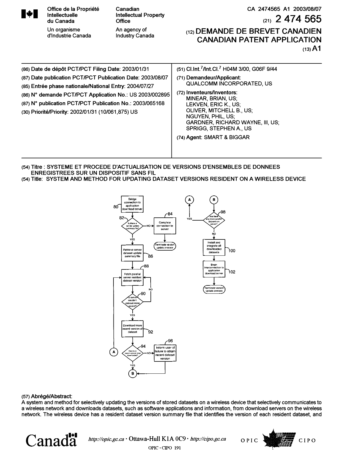 Document de brevet canadien 2474565. Page couverture 20040929. Image 1 de 2