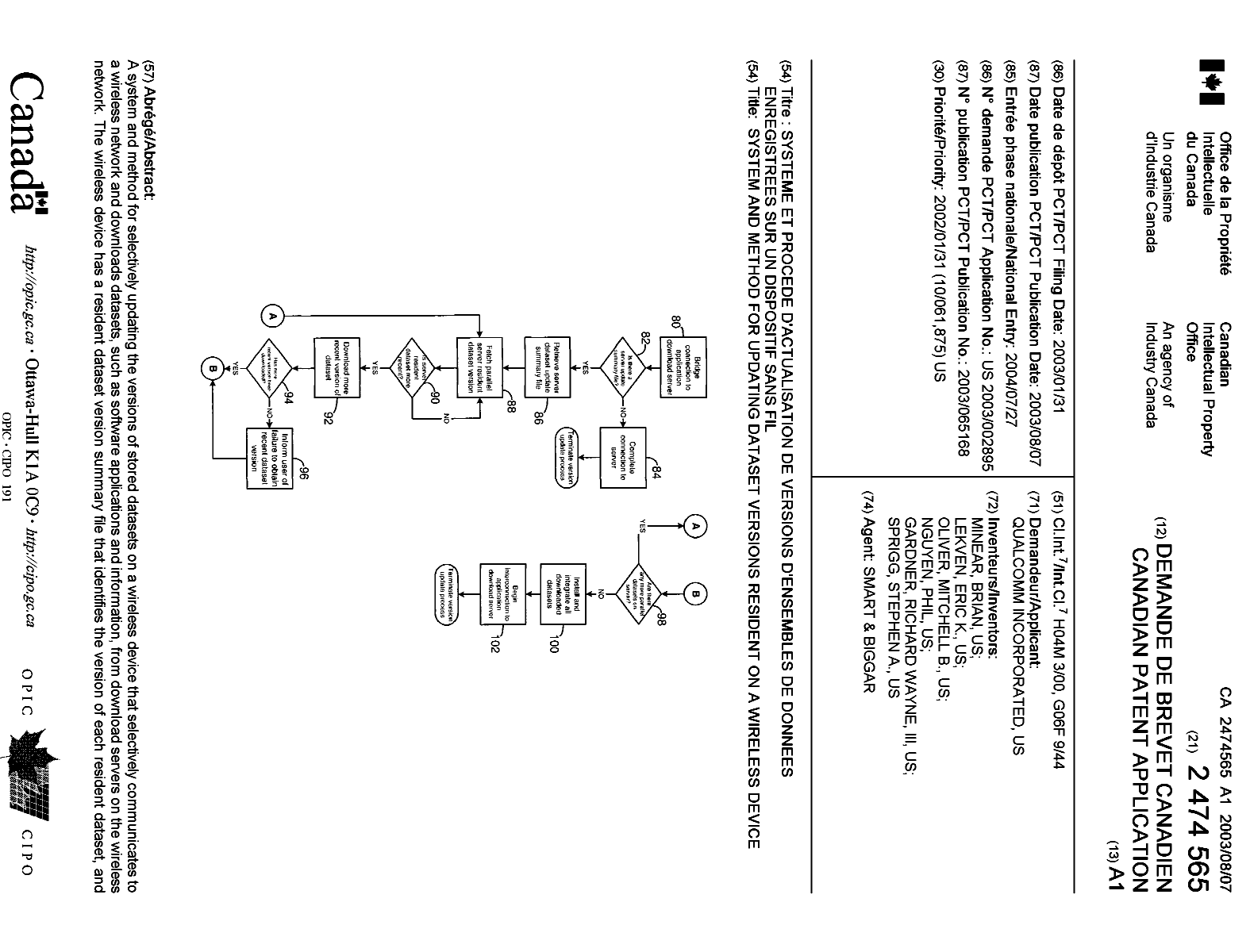 Canadian Patent Document 2474565. Cover Page 20040929. Image 1 of 2
