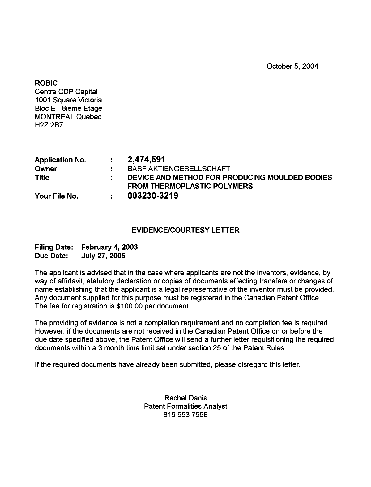 Document de brevet canadien 2474591. Correspondance 20040927. Image 1 de 1