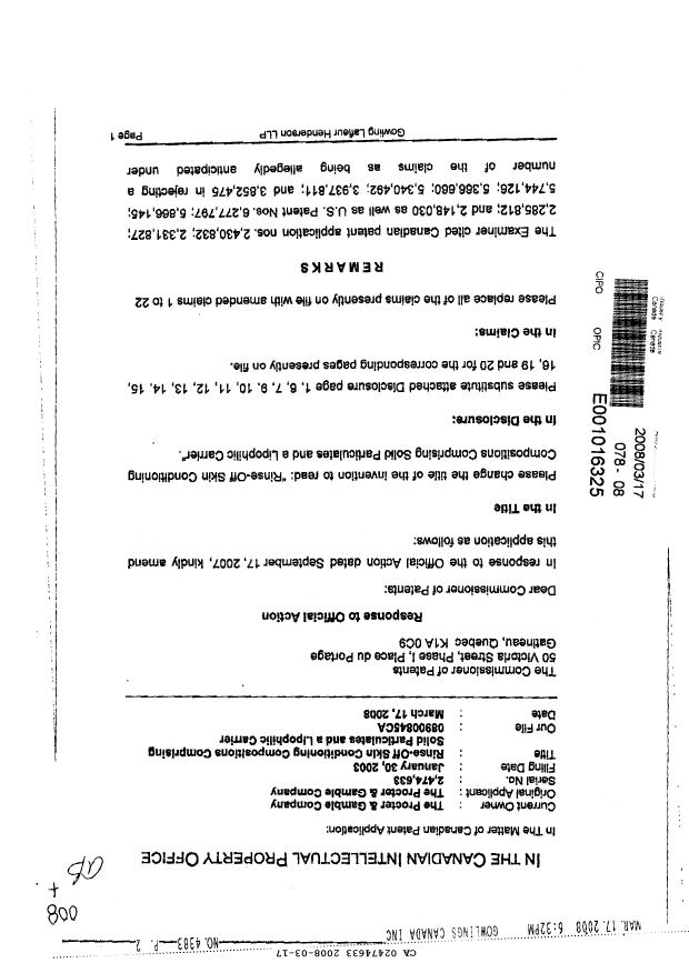 Document de brevet canadien 2474633. Poursuite-Amendment 20071217. Image 1 de 23